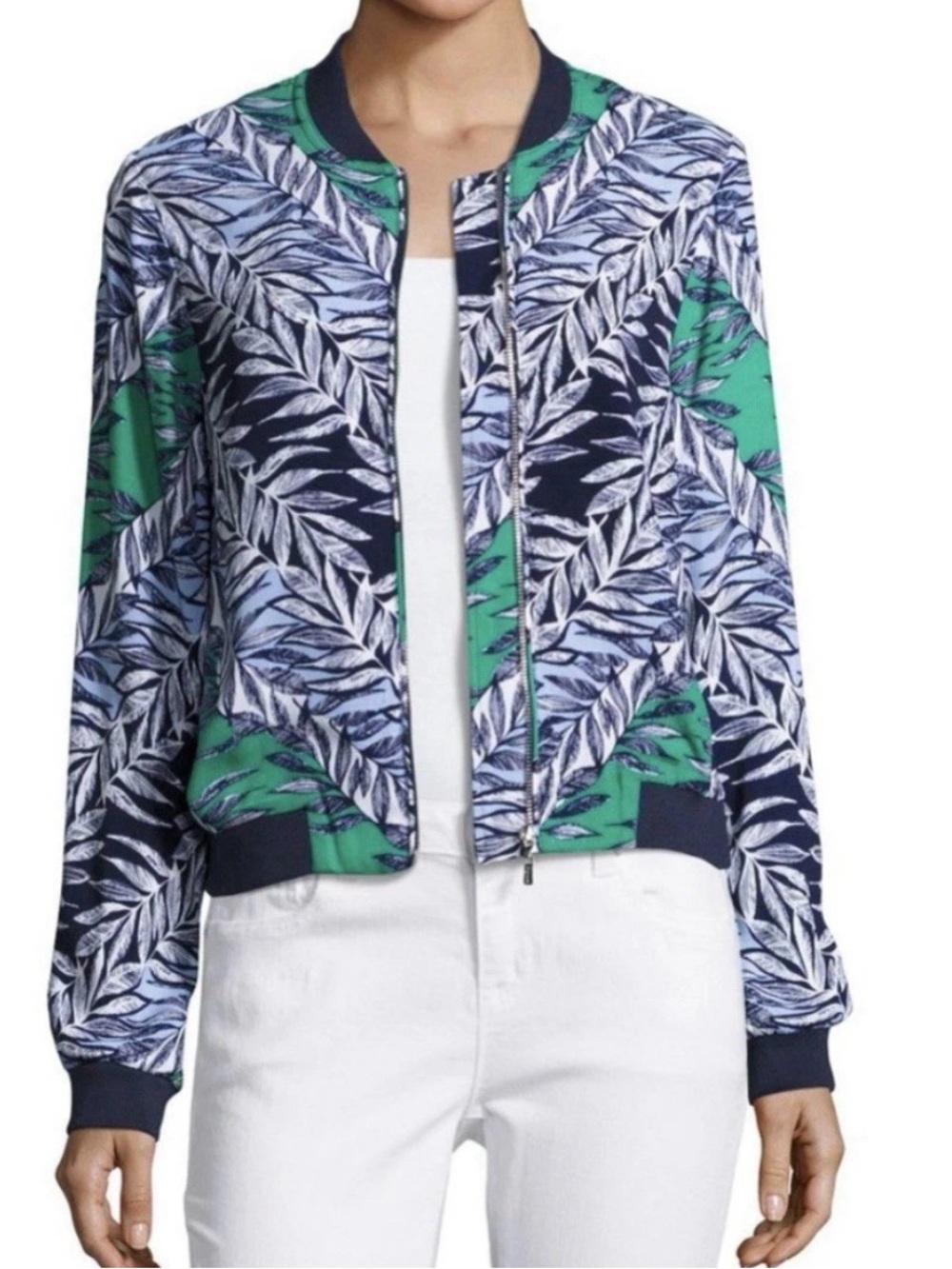 Laundry by Shelli Segal Tropical Palm Leaf Bomber Jacket | Size 8